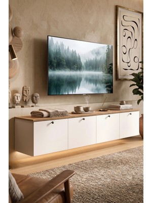Yurudesign Nord LED Işıklı Tv Ünitesi Sehpası 4 Kapaklı Duvara Monte 180CM Sepet-Beyaz ND19-SW