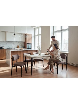 Efe Mobilya T-6004 Traverten  Mdf 70X120 Polo Sandalye Kahve 4 Kişilik Mutfak Masası  Takımı