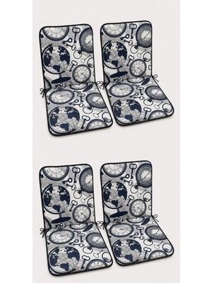 Mandaş 4 Adet Rattan Arkalıklı Sandalye Minderi (Kalınlık 4cm)-Saat Desen Lacivert