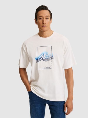 Cacharel Erkek Beyaz Comfort Fit %100 Pamuk Bisiklet Yaka Desenli T-Shirt 50320563-VR013