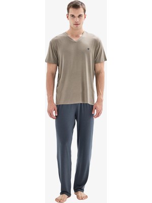 Blackspade Erkek Kısa Kollu V Yaka Haki Mikro Modal Pijama Takımı C3T8N804