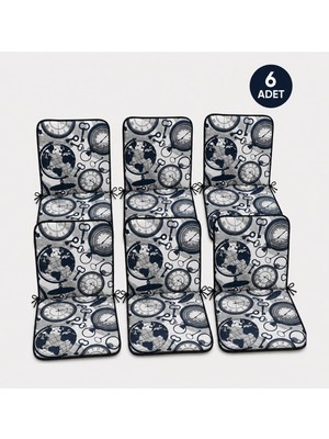 Mandaş 6 Adet Rattan Arkalıklı Sandalye Minderi (Kalınlık 4cm)-Saat Desen Lacivert