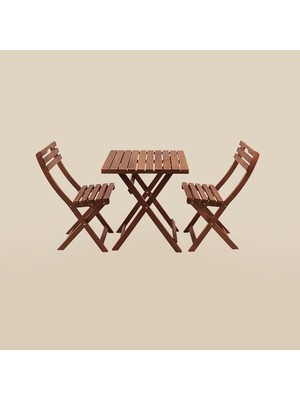 Just Home 2+1 Katlanır Kayın Ahşap Bistro Set - Ceviz - 60X60 cm