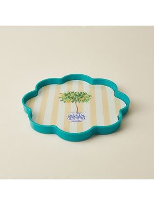Evidea Kitchen Flower Camlı Tepsi - Mavı / Beyaz - 28 cm