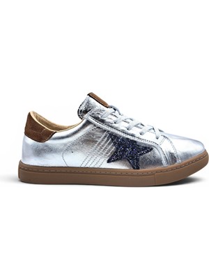 Marine MR7113 Hakiki Deri Kadın Gümüş Kahve Renk Şık Sneaker Ayakkabı