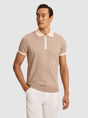 Cacharel Erkek Vizon Slim Fit Fermuarlı Polo Yaka Saf Pamuk Triko T-Shirt 50321116-VR052