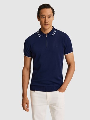 Cacharel Erkek Lacivert Slim Fit Fermuarlı Polo Yaka Triko T-Shirt 50328360-VR033