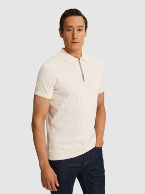 Cacharel Erkek Ekru Slim Fit Fermuarlı Polo Yaka Saf Pamuk Triko T-Shirt 50324006-VR019