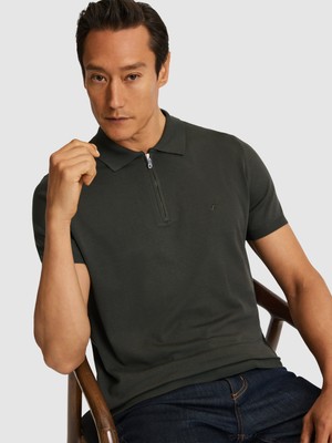 Cacharel Erkek Haki Slim Fit Fermuarlı Polo Yaka Triko T-Shirt 50328381-VR027