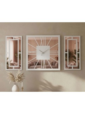 Ergeç Tasarım Beyaz Rose Gold Pleksi Detaylı Dekoratif Duvar Saati ve Panel Seti 3 Parça 50X50 cm Saat + 50X25 cm Paneller