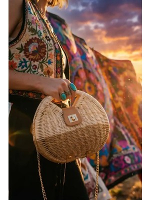 Fashion Cocktail Katı Sert Hasır Kilitli Omuz Askılı Yazlık Doğal Kadın Çanta
