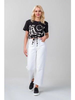 Bold & Young Kadın Bağlamalı Baskılı Viskon Kombinli Likralı Örme Kumaş Sıfır Yaka Tshirt Siyah