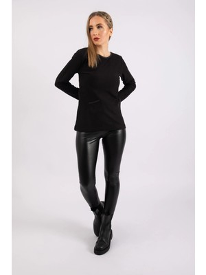 Bold & Young Kadın Suni Deri Biyeli Cepli Triko Tunik Siyah