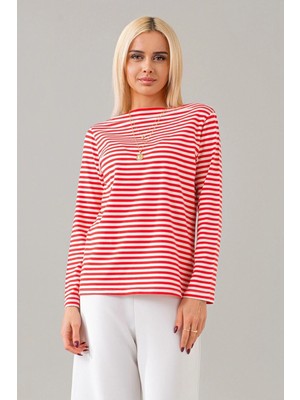 Kadın Kırmızı Ekru Çizgili Modal Örme Kumaş Kayık Yaka Tshirt