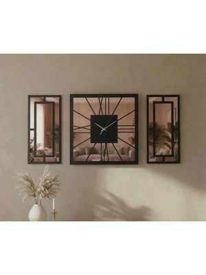 Ergeç Tasarım Siyah Rose Gold Aynalı Pleksi Detaylı Dekoratif Duvar Saati ve Panel Seti 3 Parça 40X40 cm Saat + 40X20 cm Paneller