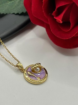 Ry Collections Stainless Steel Mor Mine Detaylı ve Istiridye Incili Bayan Kolye