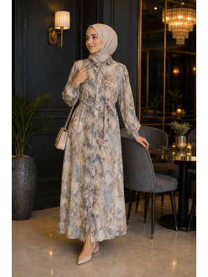 Esra Butik %100 Pamuklu Mango Kumaş Boydan Düğmeli Kuşaklı Tesettür Elbise 135 cm Desenli
