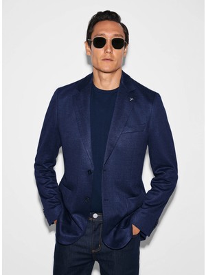 Cacharel Erkek Lacivert Slim Fit Mikro Desen Mono Yaka Keten Karışımlı Ceket 50324557-VR033