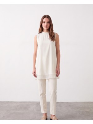 Bihan Store Klasik Kesim Şifon Detaylı Kolsuz Tunik - Y26-10270 - Ekru