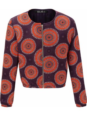 Ded Collection Kadın Canlı Turuncu Motifli Fermuarlı Scuba Bomber Ceket