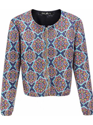 Ded Collection Kadın Turkuaz Zeminli Bohem Tarz Geometrik Desenli Bomber Ceket