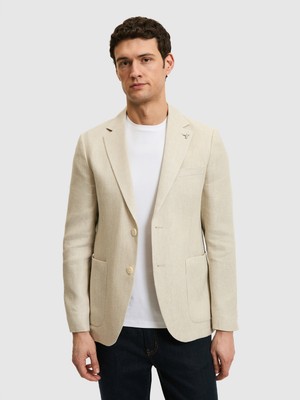 Cacharel Erkek Bej Slim Fit Keten Ipek Karışımlı Mikro Desen Mono Yaka Spor Ceket 50319069-VR011
