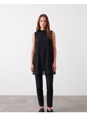 Bihan Store Klasik Kesim Şifon Detaylı Kolsuz Tunik - Y26-10270 - Siyah
