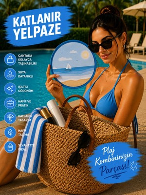 Up Atelier Plaj Modası Katlanabilir Oval Yelpaze Deniz Manzaralı Model 20cm Çapında