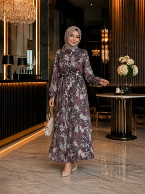 Esra Butik %100 Pamuklu Mango Kumaş Boydan Düğmeli Kuşaklı Tesettür Elbise 135 cm Desenli