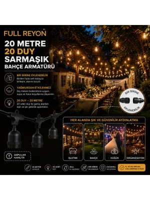 20 Metre 20 Duylu Su Geçirmez Sıralı Duy, Bahçe, Düğün - Nişan - Işletme - Organizasyon Armatürü