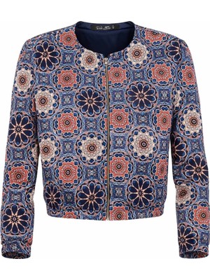 Ded Collection Kadın Bohem Renkli Mandala Desenli Fermuarlı Scuba Bomber Ceket