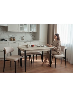 Efe Mobilya T-6006 Traverten Mdf 70X120 Polo Sandalye Krem 4 Kişilk Mutfak Masası Yemek Masası Takımı