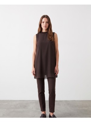 Bihan Store Klasik Kesim Şifon Detaylı Kolsuz Tunik - Y26-10270 - Kahverengi