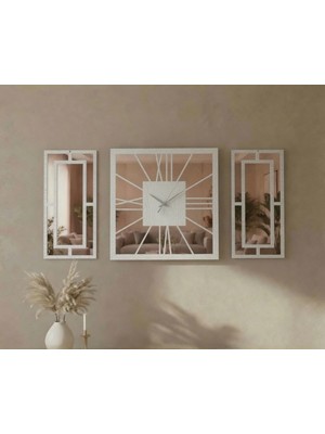 Ergeç Tasarım Beyaz Rose Gold Ayna Pleksi Detaylı 3 Parça Dekoratif Duvar Saati ve Panel Seti 40X40 cm Saat + 40X20 cm Paneller