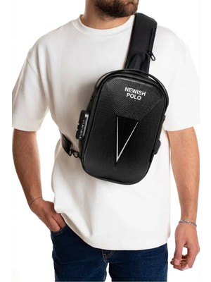 Newish Polo Erkek Şifreli Kilitli Su Geçirmez Tek Sırt Askılı Sling Bag USB ve Kulaklık Çıkışlı Çapraz Omuz ve Sırt Çantası