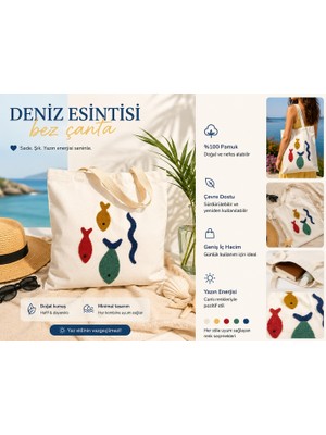 Lumindra Deniz Esintisi Balık Desenli Bez Omuz Çantası – Yazlık Tote Bag, Günlük Kullanım, Doğal Pamuk 43*39 cm