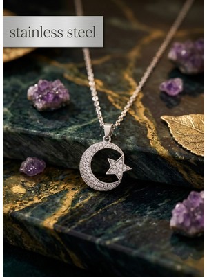 Stainless Steel 316L Çelik Zincir Gümüş Renk Ay Yıldız Model Zirkon Taşlı Kolye