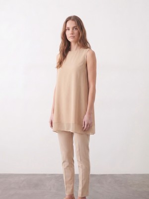 Bihan Store Klasik Kesim Şifon Detaylı Kolsuz Tunik - Y26-10270 - Bej