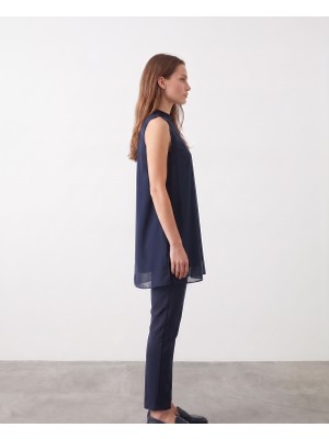 Bihan Store Klasik Kesim Şifon Detaylı Kolsuz Tunik - Y26-10270 - Lacivert
