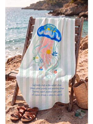 Tuğba Kuğu %100 Pamuklu 4 Kat Müslin Plaj Havlusu - Mint Jellyfish