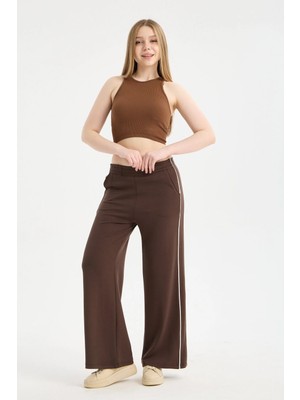 Gugus Kadın Trend Bol Paça Modal Kumaş Eşofman Altı Çift Cepli Wide Leg Yanları Beyaz Şeritli