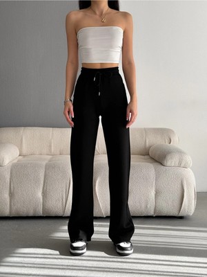 Gugus Kadın Trend Bol Paça Modal Kumaş Eşofman Altı Çift Cepli Wide Leg Yanları Beyaz Şeritli