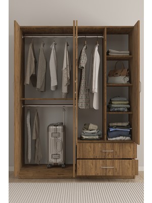 Aeka AE-1077 Terra 4 Kapaklı 2 Çekmeceli 3 Askılıklı Raflı 140X182X53 cm Gardırop