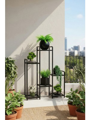Evle 6 Raflı Siyah Metal Çiçeklik & Saksılık - Modern Dekoratif Balkon ve Salon Bitki Standı
