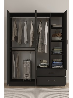Aeka AE-1077 Terra 4 Kapaklı 2 Çekmeceli 3 Askılıklı Raflı 140X182X53 cm Gardırop