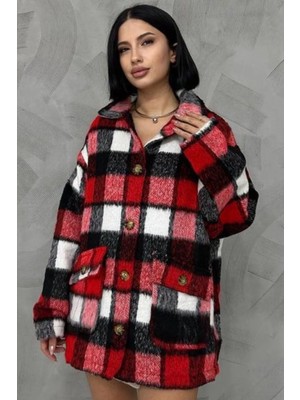Ded Collection Kadın Ekose Desenli Yumoş Kumaş Oversize Astarlı Kaban Ceket