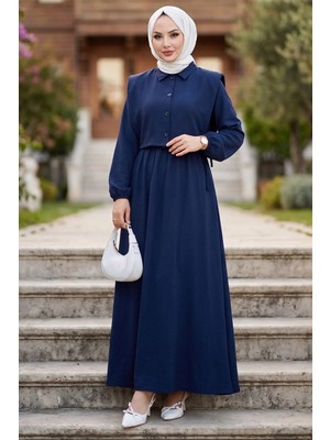 Bolerolu Beli Lastikli Tesettür Elbise Lacivert HM262756
