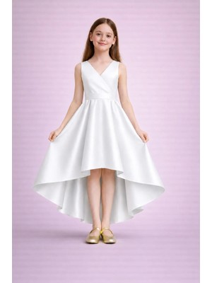 Suneh Butik Kız Çocuk Beyaz Abiye Elbise –kruvaze Yaka Asimetrik Kesim, Mezuniyet & Düğün Elbisesi