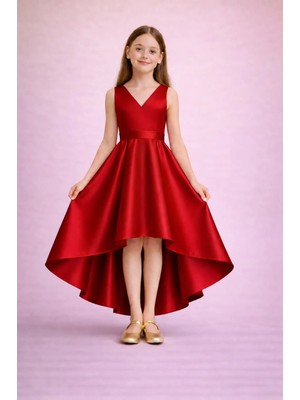 Suneh Butik Kız Çocuk Kırmızı Abiye Elbise –kruvaze Yaka Asimetrik Kesim, Mezuniyet & Düğün Elbisesi