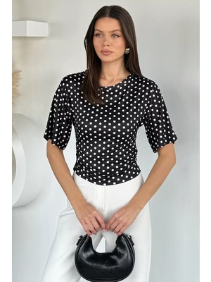Gülseli Kadın Yan Büzgülü Puantiyeli Bluz P-00021780